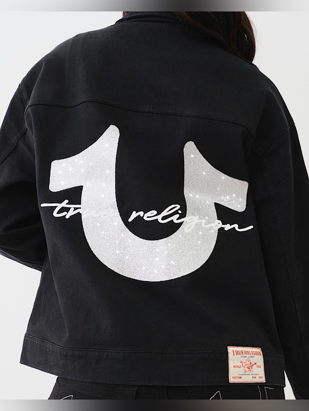True Religion Oversized Glitter Logo Denim Trucker Jacket Women’s Size Small
